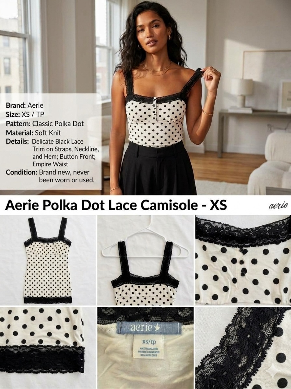New Aerie Polka Dot Lace Black & White Vintage Camisole/Top, Size XS